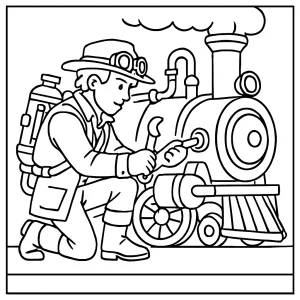 Página para colorear de viajero en el tiempo reparando una máquina de vapor, ideal para niños y niñas curiosos.