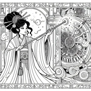 A sorceress opens a magical clockwork gateway for time travel