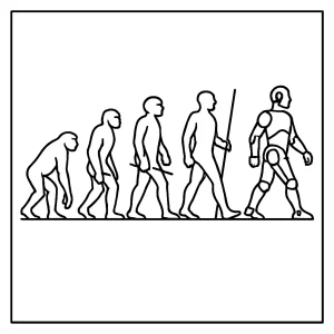Page de coloriage gratuite représentant la chronologie de l’évolution humaine, silhouettes d’australopithèque à cyborg à colorier