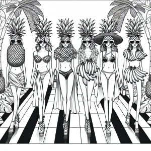 Desfile de Moda Frutal Tropical página para colorear con modelos usando gafas de piña y sombreros de plátano en una pasarela divertida