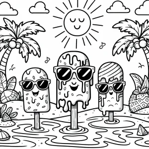 Página para colorear de paletas tropicales divertidas con gafas de sol bajo el sol
