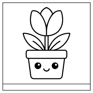 Página para colorear de maceta de tulipán estilo kawaii, ideal para niños y gratuita