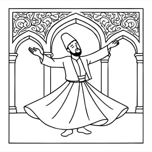 page de coloriage gratuite d'un derviche tourneur turc dansant sous des arches décoratives