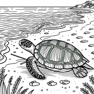 Página para colorear de una tortuga caminando en la playa con conchas marinas y olas suaves de fondo