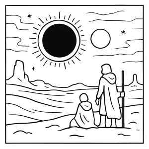 Página para colorear de un eclipse doble con dos estrellas y viajeros en un planeta desértico
