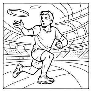 Página para colorear de un atleta de Ultimate Frisbee en un estadio futurista, lista para imprimir y pintar.