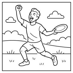 Ultimate Frisbee atleta celebración página para colorear, dibujo imprimible para niños