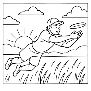 Ultimate frisbee página para colorear con niño atrapando disco en un campo al atardecer