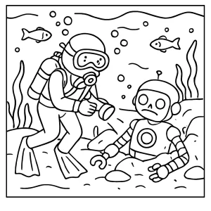 Página para colorear de un arqueólogo submarino encontrando un robot perdido entre ruinas bajo el mar.