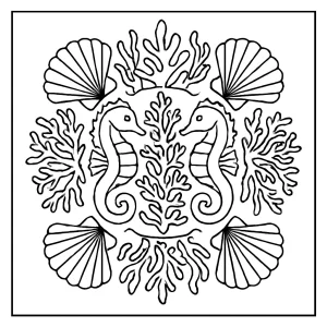 Página para colorear de mandala con arrecife de coral, caballitos de mar y conchas, ideal para imprimir y colorear.