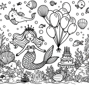 Página para colorear de sirena celebrando cumpleaños bajo el mar con globos de concha y amigos marinos.