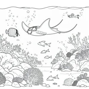 Página para colorear de buceador con manta raya y arrecife de coral para imprimir