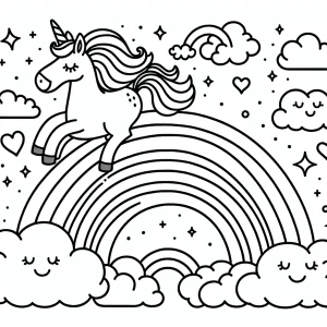 página para colorear de unicornio saltando sobre nubes de arcoíris para imprimir gratis