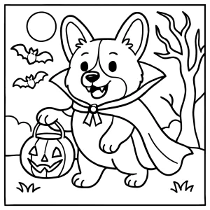 Página para colorear de un corgi vampiro con capa de terciopelo y calabaza de Halloween para imprimir gratis