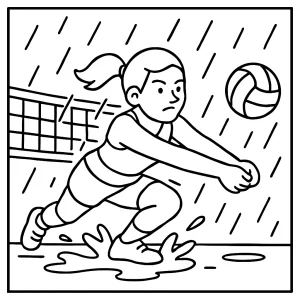 Página para colorear de un atleta de vóleibol enfrentando un reto bajo la lluvia, para imprimir y colorear gratis