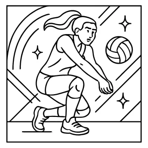 Página para colorear de un atleta de voleibol bajo luces de neón, ideal para imprimir y colorear en casa.