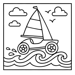 page de coloriage de voiture à voile bondissant sur les vagues, illustration à imprimer pour enfants