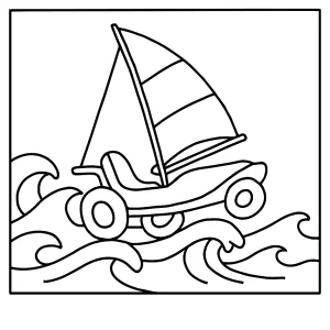 página para colorear de un carro a vela saltando sobre olas, ideal para niños