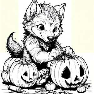 Página para colorear de un cachorro hombre lobo tallando calabazas de Halloween