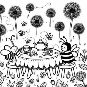 página para colorear de abejas celebrando una fiesta de té en una mesa de diente de león en un jardín mágico