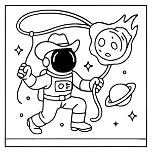 page de coloriage gratuite d'un astronaute du Far West lassoant une comète dans l'espace