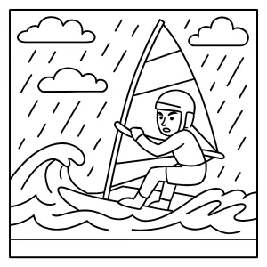 Página para colorear de atleta de windsurf bajo la lluvia, ideal para imprimir y colorear gratis