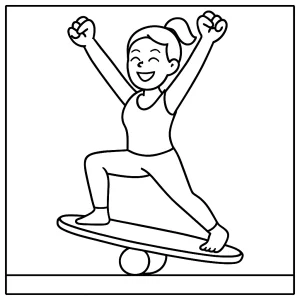 Página para colorear de atleta de yoga celebrando la victoria en una tabla de equilibrio