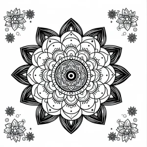Página para colorear de mandala de yoga con chakras y pétalos de loto, perfecta para relajación y mindfulness.