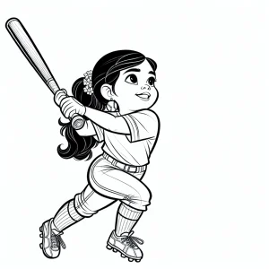 página para colorear de una niña bateando en softbol, lista para golpear la pelota