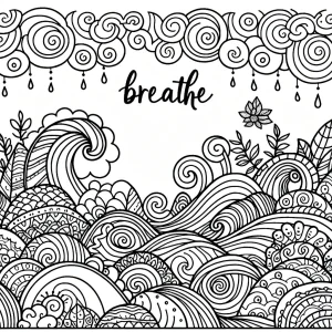 Página para colorear de olas zen doodle con afirmación 'Respira' para mindfulness y relajación